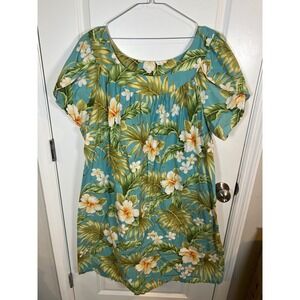 Puanani Womens Muumuu Dress Floral Hibiscus Tropical Made in Hawaii Blue 3XL